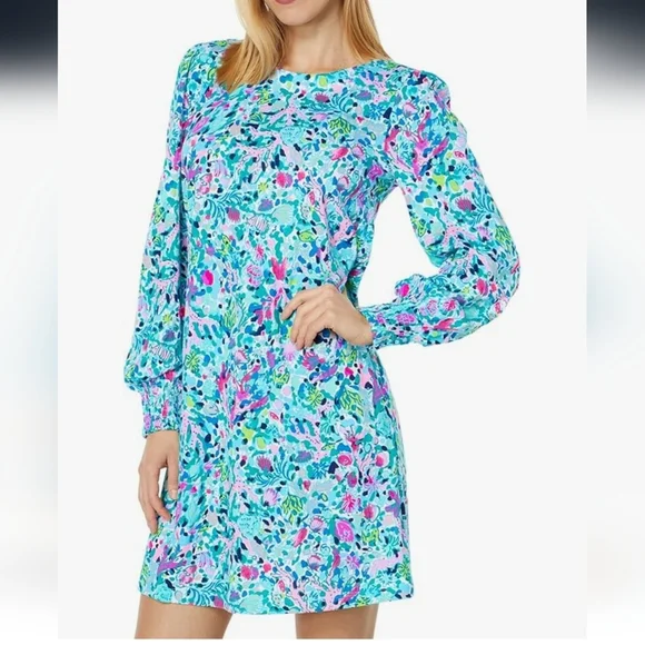 Lilly Pulitzer Diann Long Sleeve Mini Dress Smocked Printed Cotton S - Picture 1 of 8